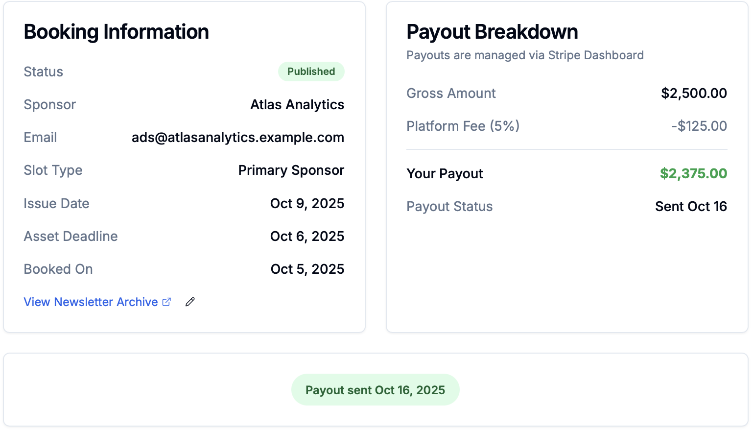 SponsorCal booking detail showing archive URL, payout amount, and payout timeline