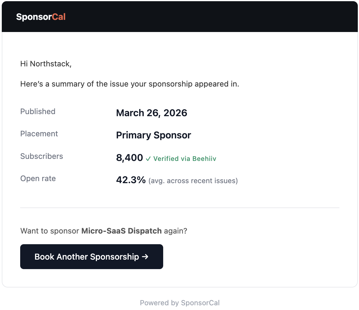 SponsorCal sponsor report email showing delivery confirmation with verified subscriber count, placement details, and rebook CTA