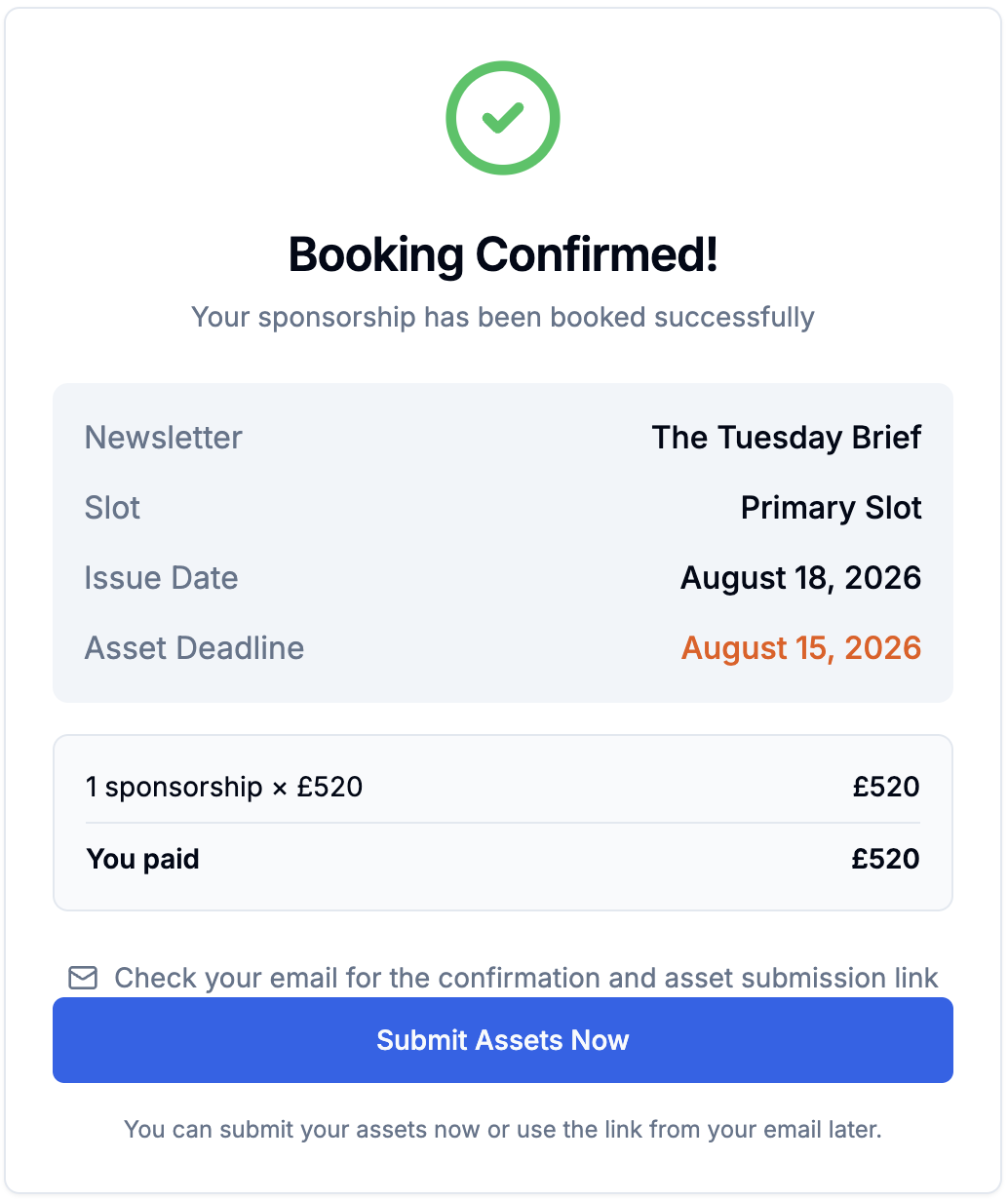 The sponsor's confirmation screen after paying, showing the newsletter, Primary Slot, an issue date of August 18 2026, an asset deadline of August 15 2026, 520 pounds paid, and a button to submit assets