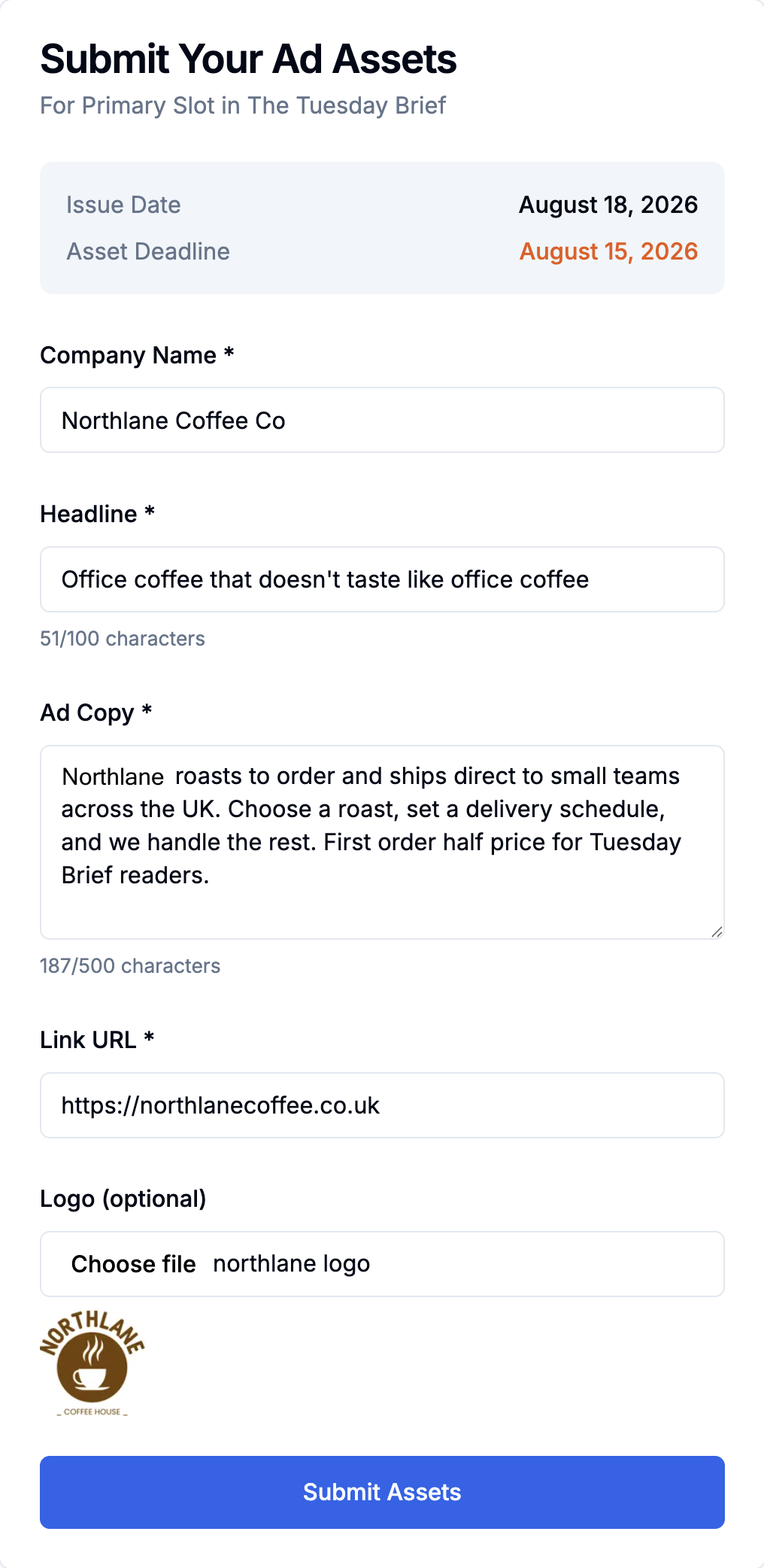 The sponsor's asset submission form, showing the issue date and asset deadline above fields for company name, headline, ad copy, link and logo